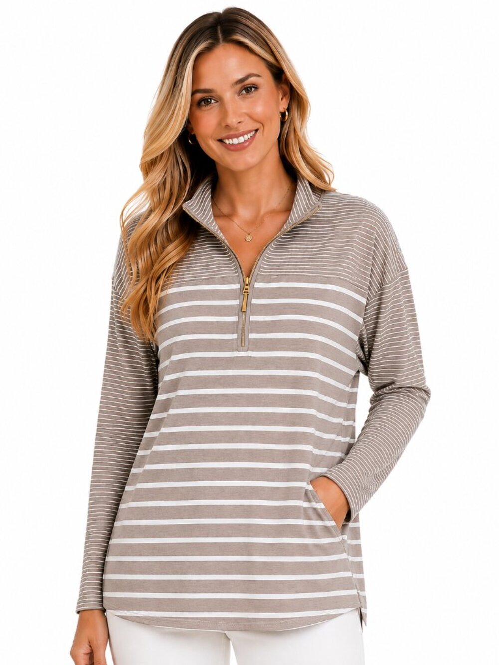 LANDS' END Long Sleeve 1/4 Zip Cowl Neck Tan w/White Stripes Tunic w/Pockets S/T
